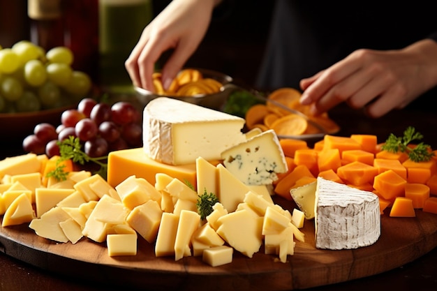 Foto donna che dispone un piatto di formaggio con noci e frutta secca