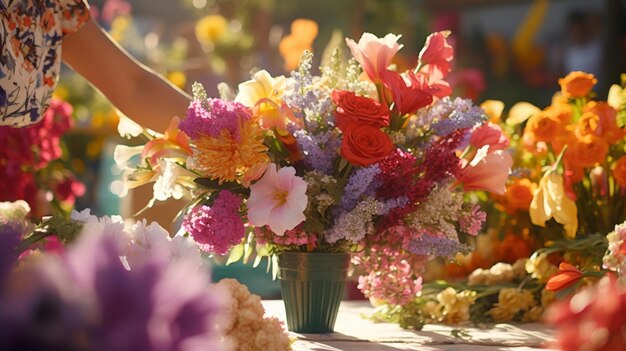 Женщина устраивает цветы в вазе на столе