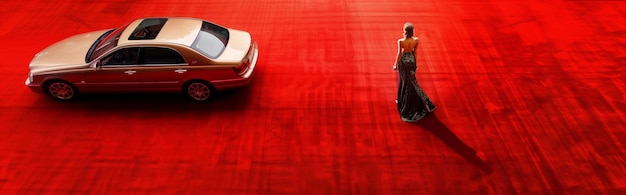 女性が赤いカーペットを歩いて到着する 創造的なAI