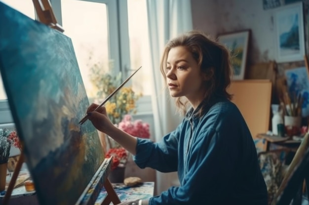 A woman art director is painting in her studio in the vibrant airy scenes Generative AI AIG21