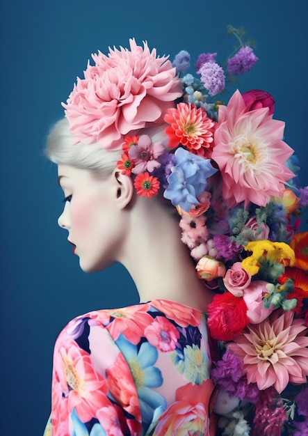 Woman art fashion nature summer bouquet beauty flower peony spring portrait Generative AI