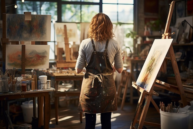 woman in an art school wearing an apron drawing on an easel