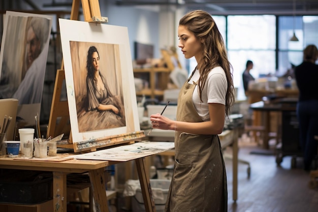 Photo woman in an art school wearing an apron drawing on an easel