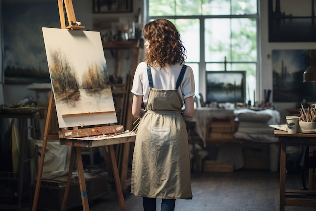 woman in an art school wearing an apron drawing on an easel