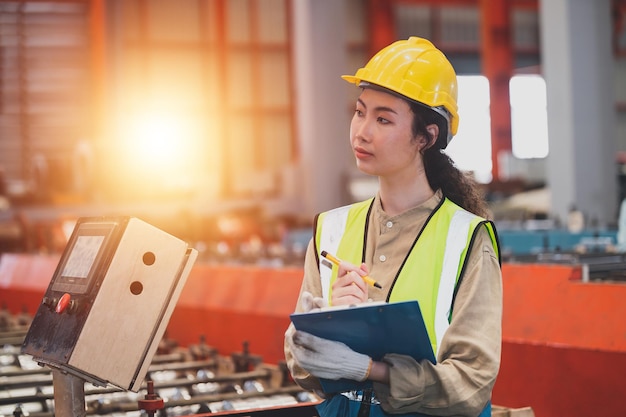 Woman Asian engineer working control machine in factory