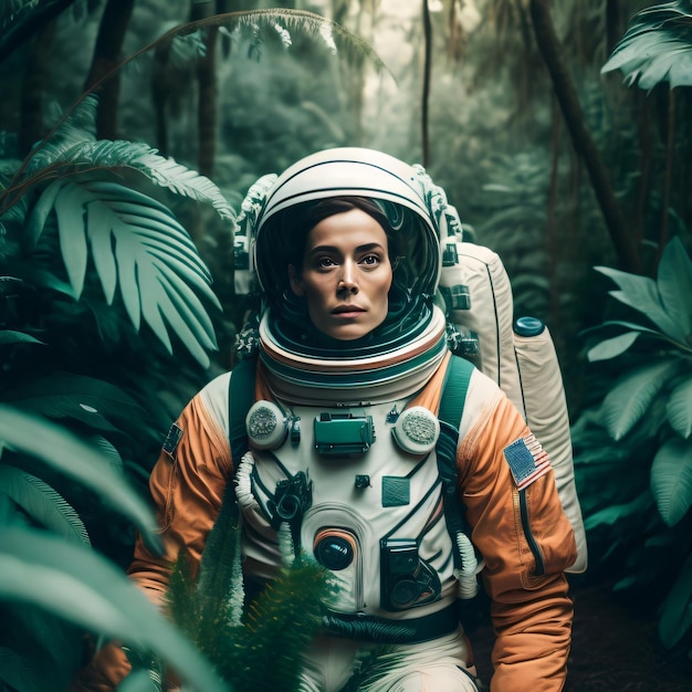 A woman in an astronaut suit is in the jungle.