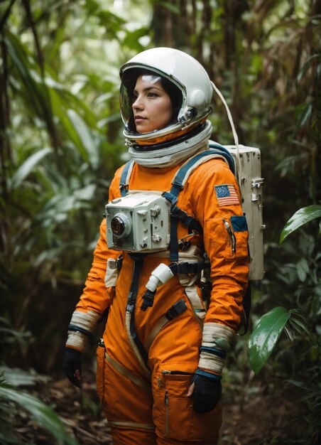 a woman in an astronaut suit with a camera on her head