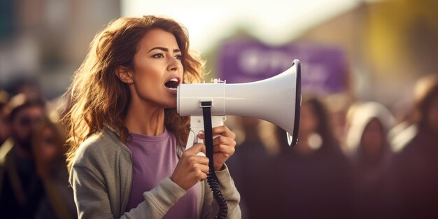 写真 公開演説のイベントでマイクを持った平和的な抗議の女性