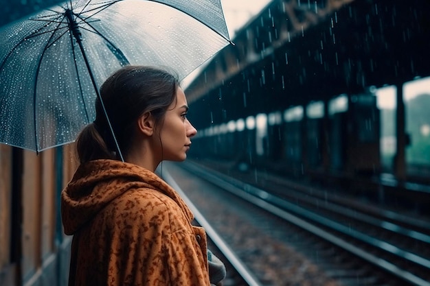 写真 雨の中傘を差して駅にいる女性