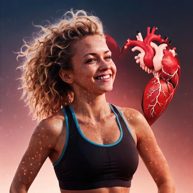 写真 女性アスリートの心臓運動カーディオ デジタルコラージュ ダブルエクスポージャーイラスト