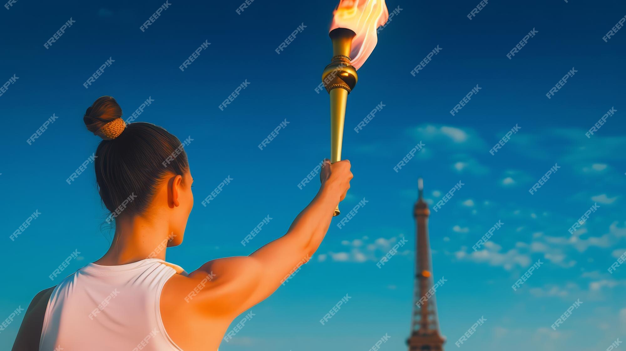 Premium Photo Woman Athlete Holding the Olympic Torch with the Eiffel