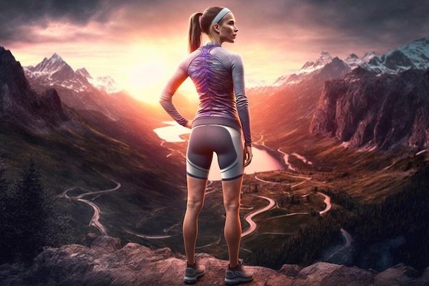 Женщина-спортсменка стоит на горной тропе и смотрит на пейзаж на закате, генерирующий ИИ