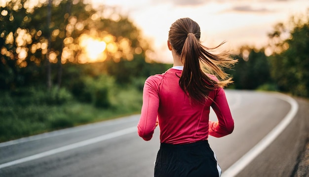 Foto donna in abbigliamento atletico che corre gioiosamente al tramonto incarnando salute e vitalità