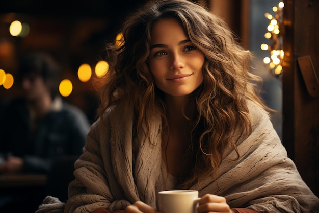 woman in atmospheric cozy cafe drinking coffee