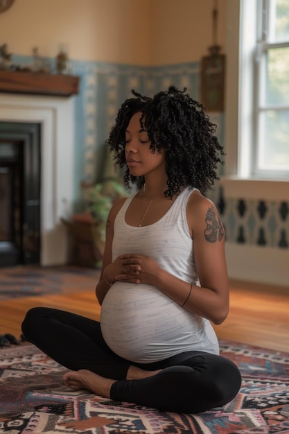 A woman attending a prenatal yoga class focusing on selfcare and preparation for traditional pregnancy