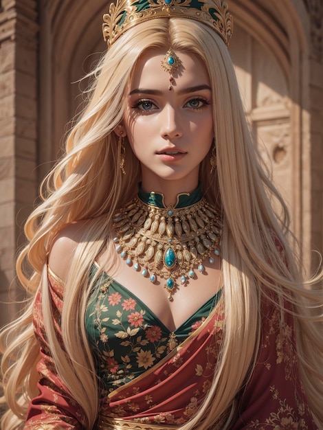 Woman attractive young beautiful long hair blonde queen paint face indianer amazone