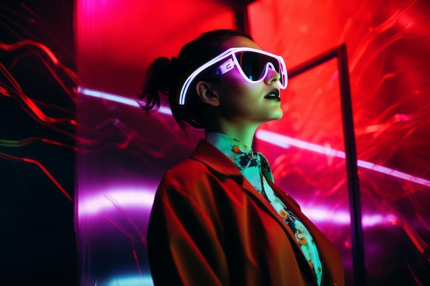 Photo woman in augmented reality glasses with neon lights