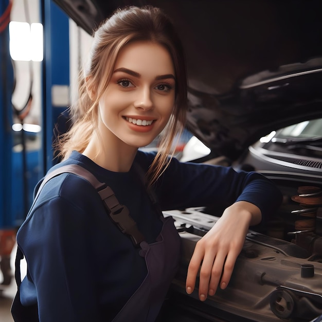 Photo woman auto mechanic is fixing car