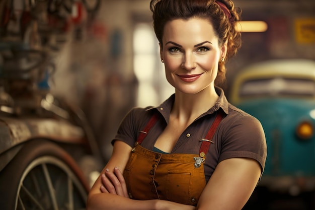 A woman in an auto repair shop stands in front of a car.