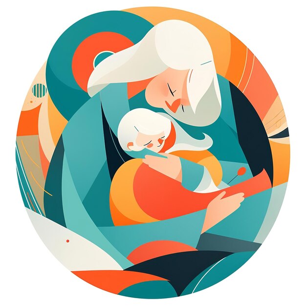 A woman and a baby are holding each other in a colorful abstract painting