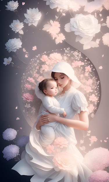 A woman and a baby are holding a flower.