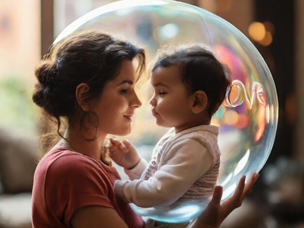 A woman and a baby are looking at a bubble with the word love on it