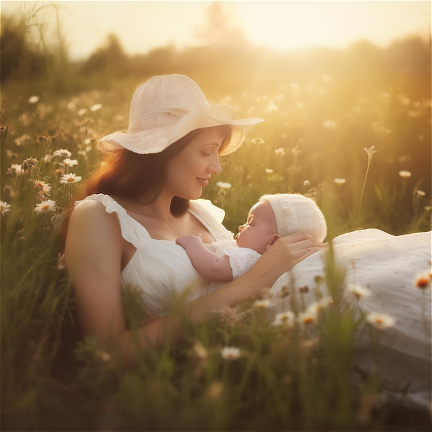 Foto una donna e un bambino giacciono in un campo di fiori