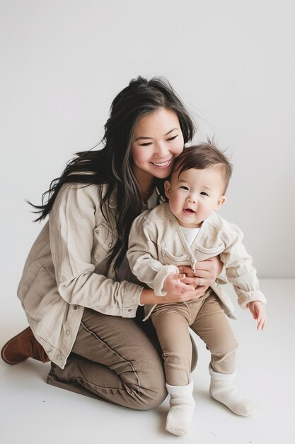 女性と赤ちゃんが笑顔でジャケットを着ている