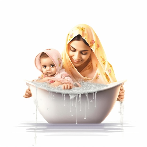 여자와 아기가 목욕을 하고 있다.