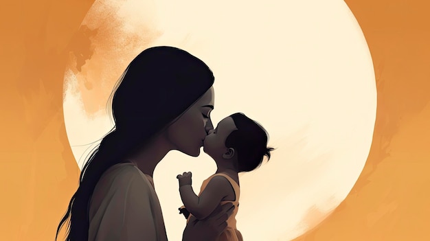 한 여성과 아기가 석양을 바라보며 키스합니다.