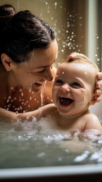 a woman and a baby playing in a bathtub