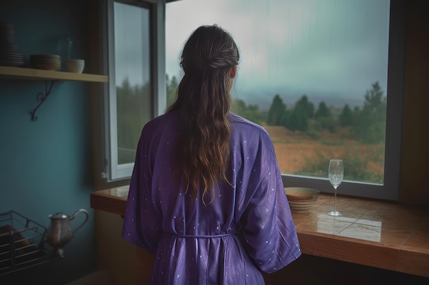 Woman back at window landscape in morning Alone hotel room with sexy girl Generate Ai