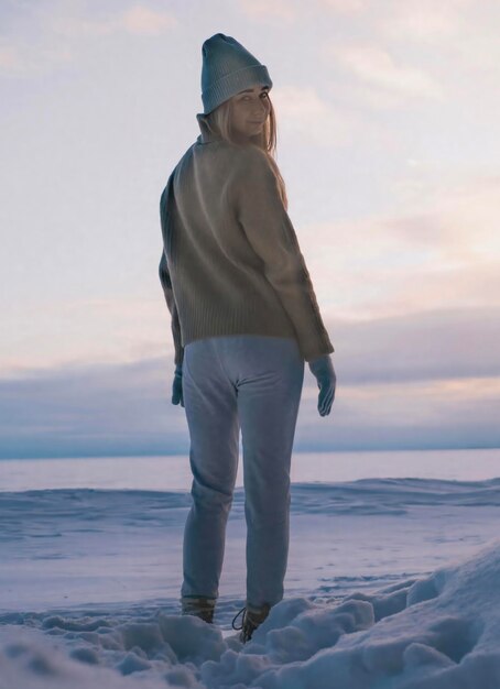 A woman on the background of frozen sea and sunset