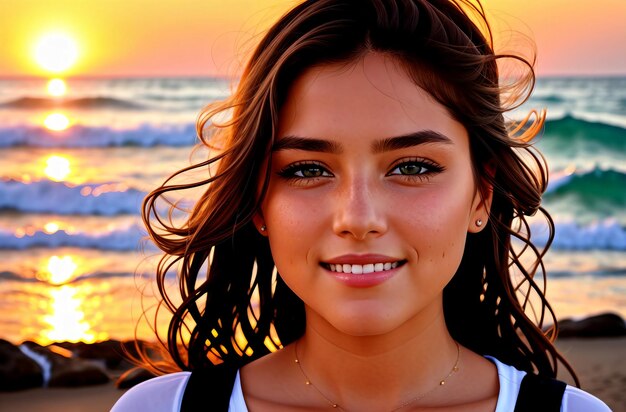 Woman on background of seascape Portrait of young female smiling on background of ocean sea at sunset Generative AI