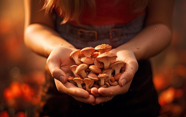 Photo woman on background taking a handful of mushrooms in her hands in the style of warm color palettes