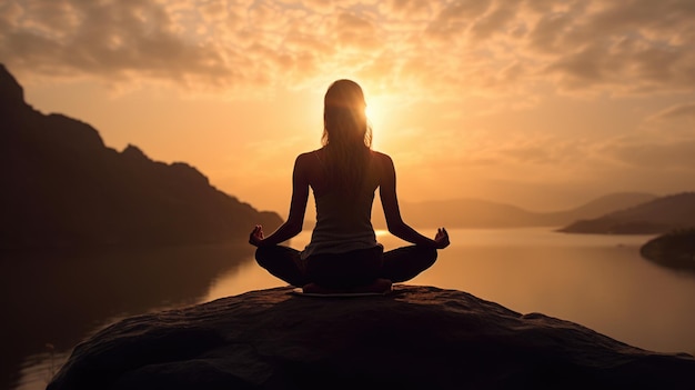 Photo woman backlit in yoga pose in calm sunrise zen generative ai image weber