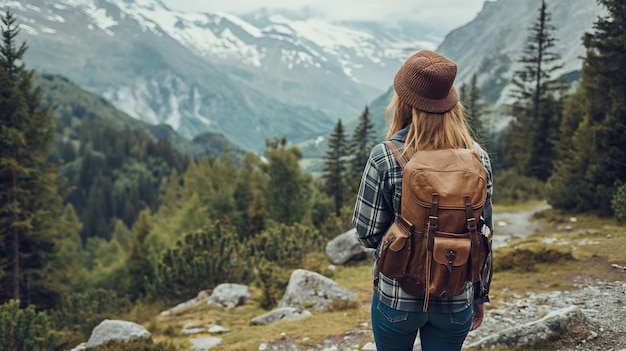 Woman backpacker gazing at majestic mountains