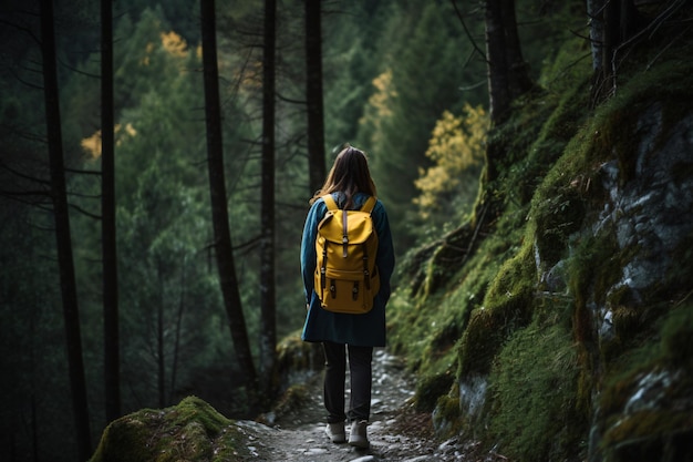 Woman backpacker hiking in the woods alone