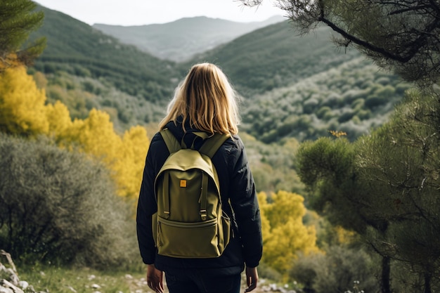 Woman backpacker hiking in the woods alone