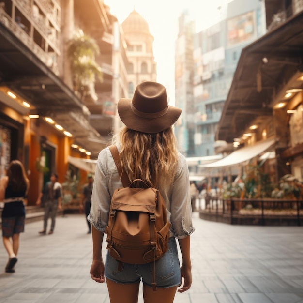 Woman backpacker travel in city Generative AI