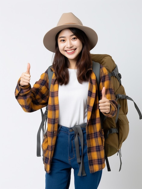 woman backpaker on white background