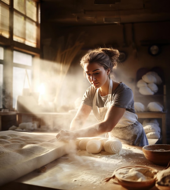 Woman baker looking at the camera and working with dough