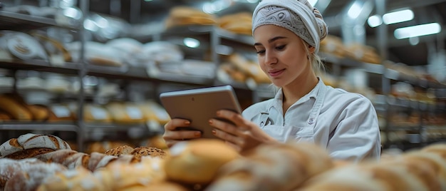 Фото Женщина-пекарь использует планшет для мониторинга качества хлеба на пекарне концепция технология пекарни контроль качества цифровые инструменты пекарские инновации промышленные процессы