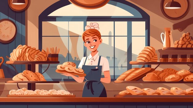 A woman in a bakery holding a tray of bread.