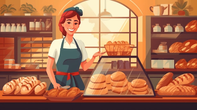 A woman in a bakery with bread on the counter