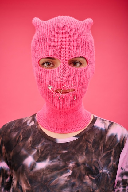 Woman in balaclava with closed mouth