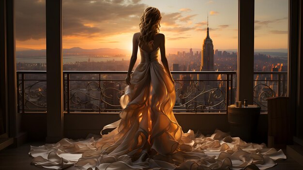 Woman on a Balcony with City View