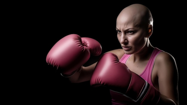 A woman bald from chemotherapy dons pink boxing clothes and gloves to fight cancer