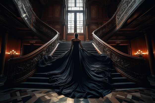 A woman in a ball gown descends the stairs