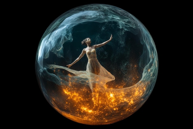 A woman in a ball with the word " on it "